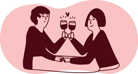 Linear line art illustration of wine tasting, sommelier, winemaking, gourmet lifestyle, people drinking wine, minimal continuous drawing style