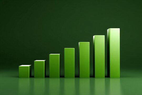 3D green bar chart with increasing columns on dark green background