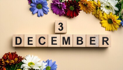 Wooden Blocks with Date 3 December. Floral Calendar – Vibrant Flowers on Solid Colored Background