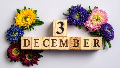 Wooden Blocks with Date 3 December. Floral Calendar – Vibrant Flowers on Solid Colored Background