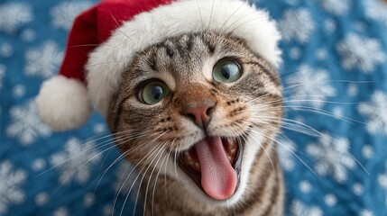 Playful domestic cat wearing festive Santa hat, joyfully posing against a blue background adorned with snowflakes, capturing the spirit of the holiday season and evoking feelings of warmth and cheer