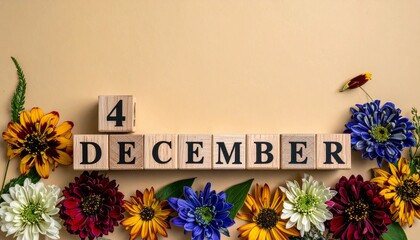 Wooden Blocks with Date 4 December. Floral Calendar – Vibrant Flowers on Solid Colored Background