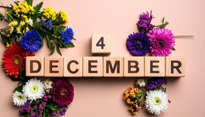 Wooden Blocks with Date 4 December. Floral Calendar – Vibrant Flowers on Solid Colored Background