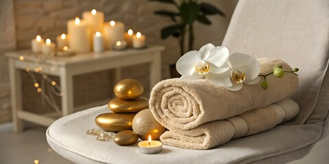 Spa setting with towels, orchid, candles, and golden stones on chair