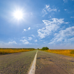 Fototapeta premium long asphalt road among dry prairie at the summer sunny day