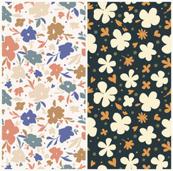 Seamless set of bright linear vector vintage trendy style. Branches leaves, flowers elements isolated pattern silhouette multicolored handmade for decor textiles postcards print design on dark light