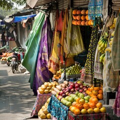 Fruit and fabric market stall