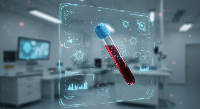 Futuristic Laboratory Scene with Blood Sample and Digital Interface.