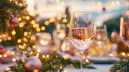 Elegant glass of sparkling champagne or wine amid glowing Christmas tree decorations and warm bokeh lights, perfect for festive holiday celebration