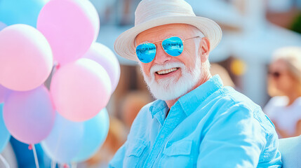 Joyful elderly gentleman with white beard and cool blue reflective sunglasses smiling brightly at vibrant outdoor celebration with pastel balloons