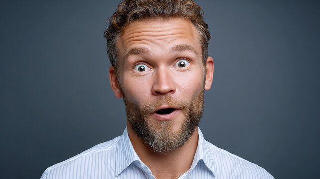 Male with curly hair and beard, wearing a light blue shirt, displays a surprised expression, showcasing emotions of excitement and joy against a neutral background, capturing a moment of genuine react