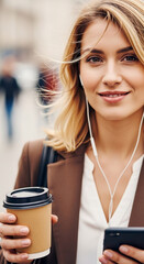 Close-up of blonde woman, brown jacket, holding coffee cup, using phone, wearing earphones.  Modern lifestyle image, conveying efficiency and calm.