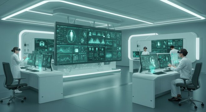 Futuristic laboratory with scientists analyzing data on monitors.