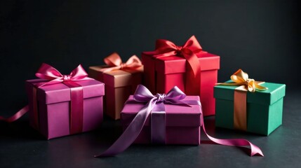 Obraz premium A collection of elegantly wrapped presents with vibrant ribbons, showcasing a spectrum of rich colors and textures on a dark surface