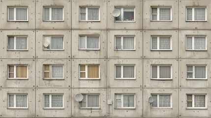 Obraz premium Urban residential building facade with grid of identical windows featuring blinds and curtains, modern city architecture