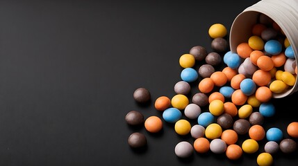 Vibrant Assorted Round Candies Spilling from Tipped Container onto Dark Surface with Bold Color Contrast