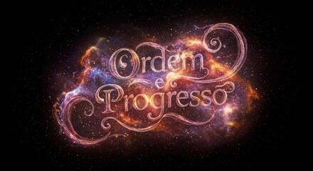 Ordem e Progresso Brazilian National Motto Glowing Fiery Cosmic Script Abstract Design.