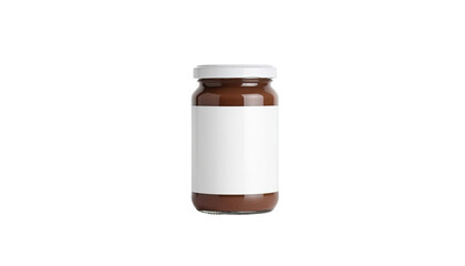 Mockup of tall glass jar filled with chocolate spread sweet cocoa dessert packaging template food container isolated on white background