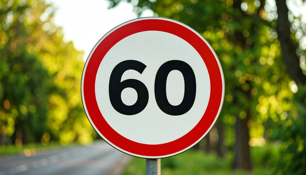 Traffic sign, 60 km h maximum speed limit on quiet countryside road. Blurred trees and asphalt road