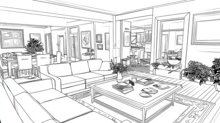 Interior design sketch of a modern living room.