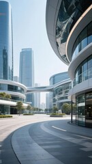 Modern Architectural Complex with Curved Glass Facades and Elevated Walkways