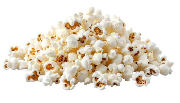 Pile of fluffy popped popcorn kernels crunchy snack food cinema treat salty white corn texture isolated on white background