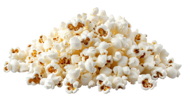 Pile of fluffy popped popcorn kernels crunchy snack food cinema treat salty white corn texture isolated on white background