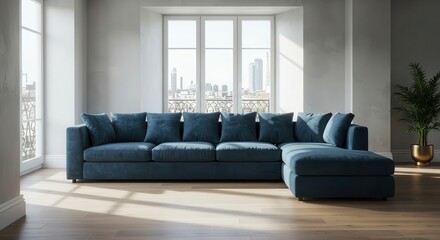Fototapeta premium A modern, teal-colored sectional sofa in a bright, light-filled living area, showcasing a city view through large windows.