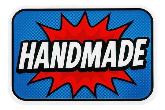 Blue rectangular sticker with HANDMADE caption in bold style, vibrant retail promo offer on transparent background.