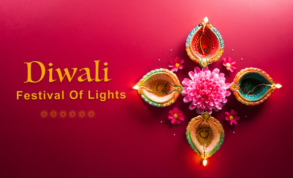 Happy Diwali - Clay Diya lamps lit during Diwali, Hindu festival of lights celebration. Colorful traditional oil lamp diya on red background
