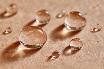 Clear water droplets on a tan surface