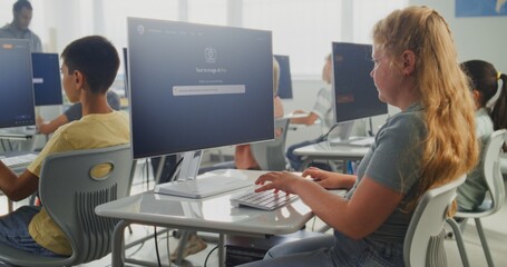 Primary School Students Creating Pictures on Computers Using AI Image Generator During Digital Art Class. Diverse Kids Studying Artificial Intelligence Technology. Innovative STEM Learning. Dolly Shot