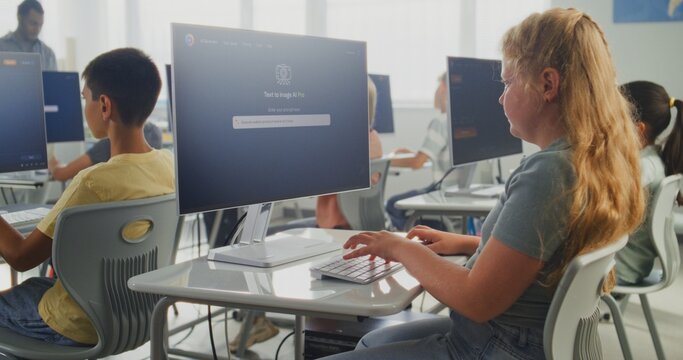 Primary School Students Creating Pictures on Computers Using AI Image Generator During Digital Art Class. Diverse Kids Studying Artificial Intelligence Technology. Innovative STEM Learning. Dolly Shot
