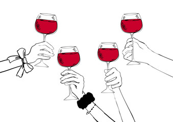 手描き線画　大勢で赤ワインで乾杯するイラストCheers in Line Art Series:Hand-drawn line drawing Illustration of a Group of People Toasting with Red Wine