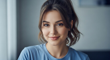 Close-up portrait of young woman with brown hair and eyes, wearing blue shirt, smiling gently, conveying calmness and approachability