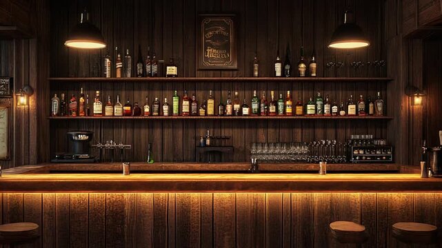 Empty saloon bar counter at night with stools and alcohol bottles displayed on shelves