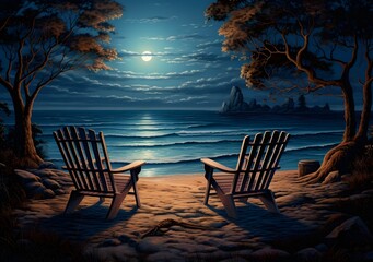 Seaside sunset with glowing horizon, chairs overlooking calm waves, romantic relaxing beach scene with peaceful atmosphere and warm golden light.