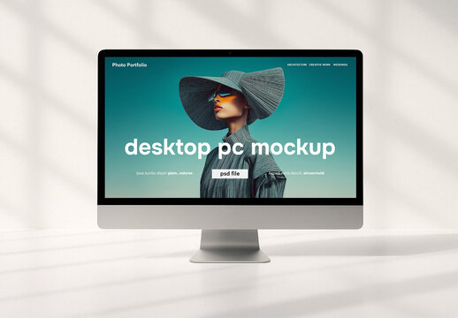 Clean front view desktop screen mockup on white background wall