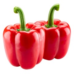 Two vibrant red bell peppers, whole, with green stems, isolated on white