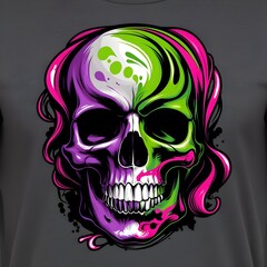 A graffiti skull design with vivid splashes of purple, green, and pink, fluid swirling patterns, dramatic features, on charcoal background, ideal for fashion-forward apparel.