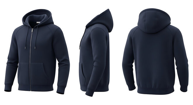 Navy Blue Zipper Hoodie Mockup Template Front, Side, and Back Views