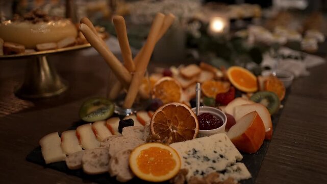 close up of cheese platter with fruits breadsticks and jam at festive event