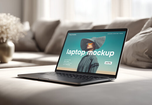 Living room interior laptop mockup