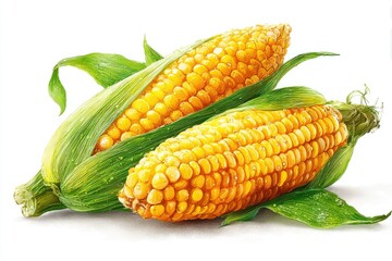 Two ears of yellow corn, fresh and vibrant, with green husks, lie on a white background