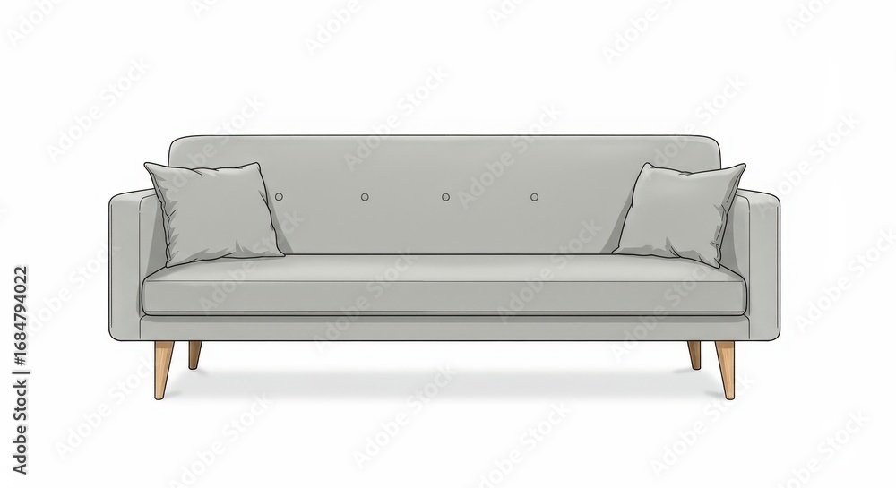 Poster a light gray couch with simple lines and wooden legs, presented in a graphic style, creating a calm 