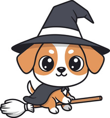 Obraz premium Adorable puppy dressed as a witch flying on a broomstick for halloween celebrations vector