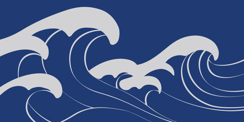 Bold Japanese wave pattern in deep blue and white. Stylized curves with strong flowing lines create a dynamic ocean design for backgrounds and surface prints.