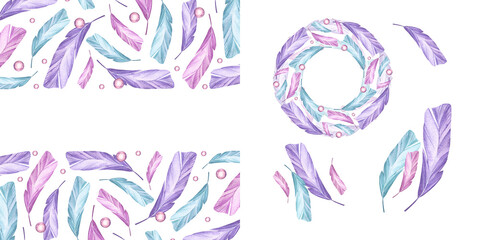 Set of feather frames and compositions in purple, pink and turquoise, watercolor illustration. Bird feather frame templates for spring boho cards