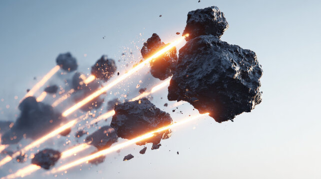 Dynamic cluster of black meteorites flying with fiery trails and sparks on transparent background, perfect for cosmic and space-themed designs