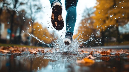 Person splashing through a puddle on a rainy day.